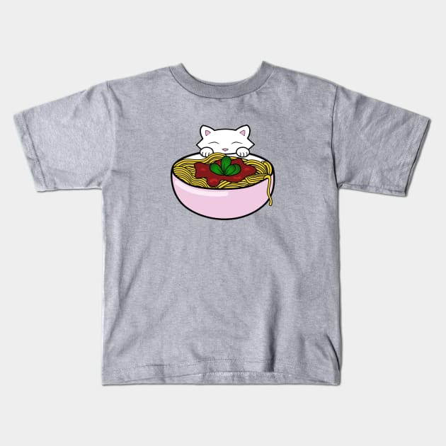 Hungry cat eating bowl of pasta Kids T-Shirt by Purrfect